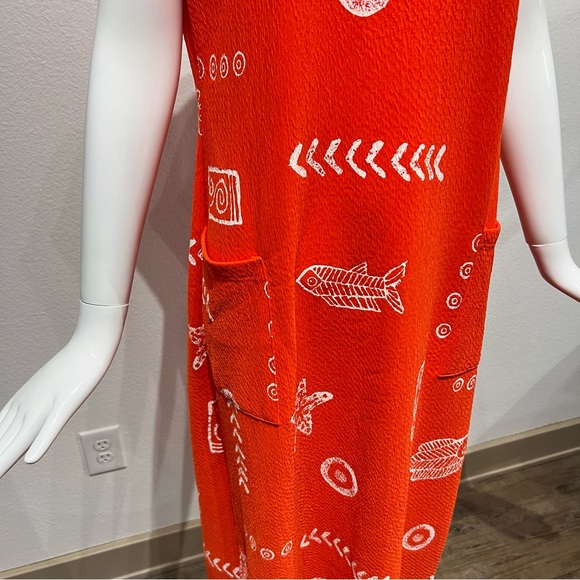 MAXIMA Orange Fish Print Long Beach Summer Shift Dress Cotton Cover up w Pockets - Picture 3 of 10